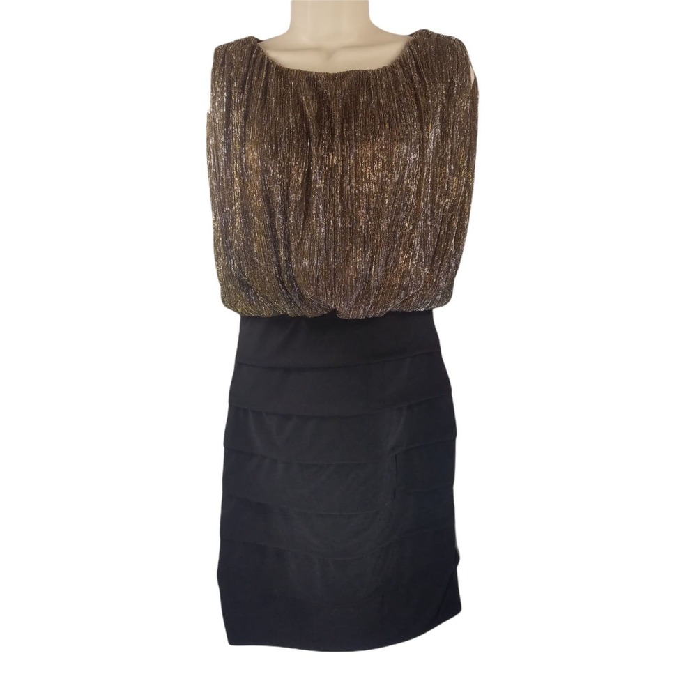 Enfocus Studio Women Dress Gold Black Ruched Bodycon Sleeveless Size 8